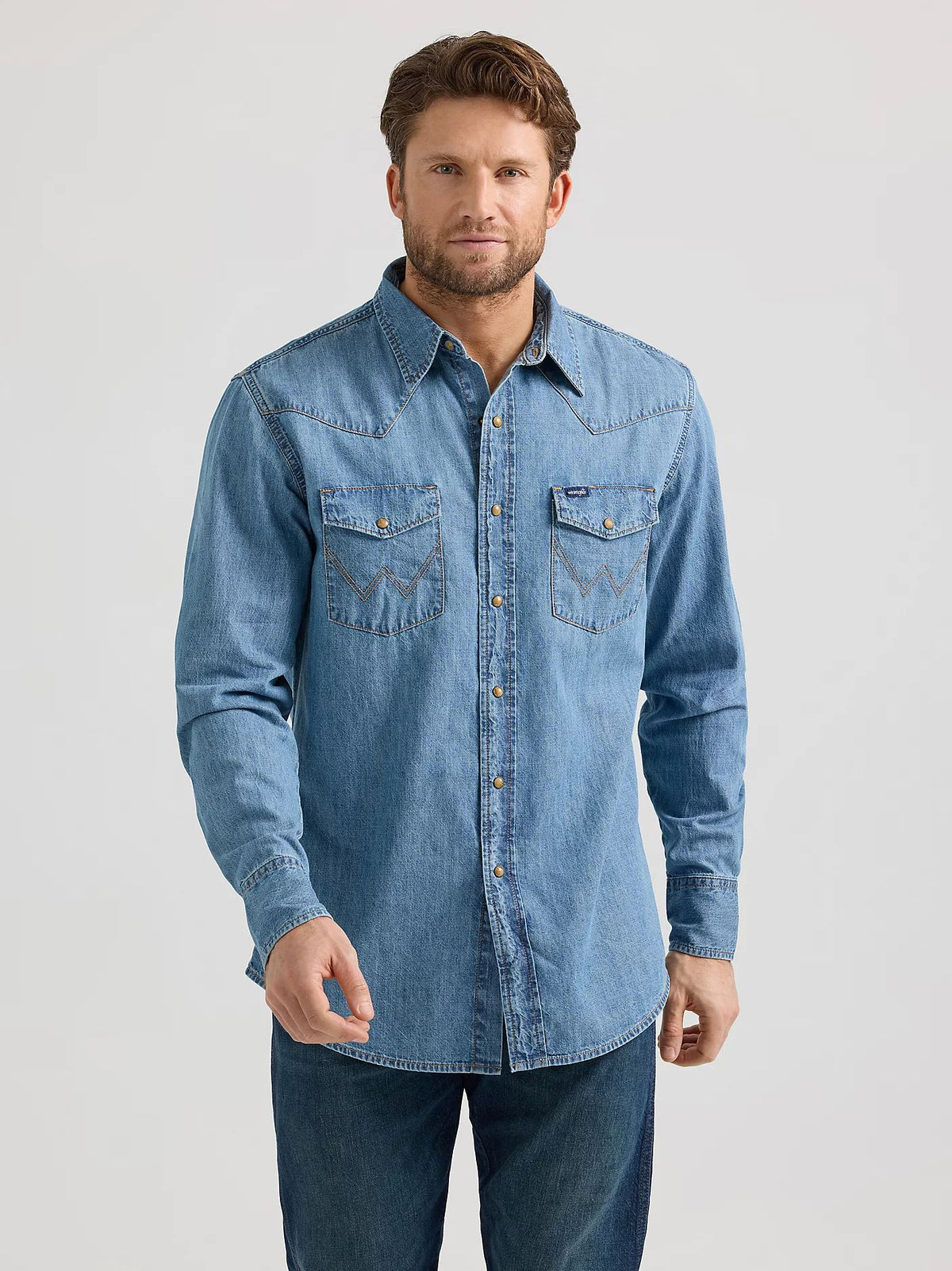 Wrangler Men&#39;s Denim Chest Pocket Snap-Front Long Sleeve Work Shirt - Work World - Workwear, Work Boots, Safety Gear