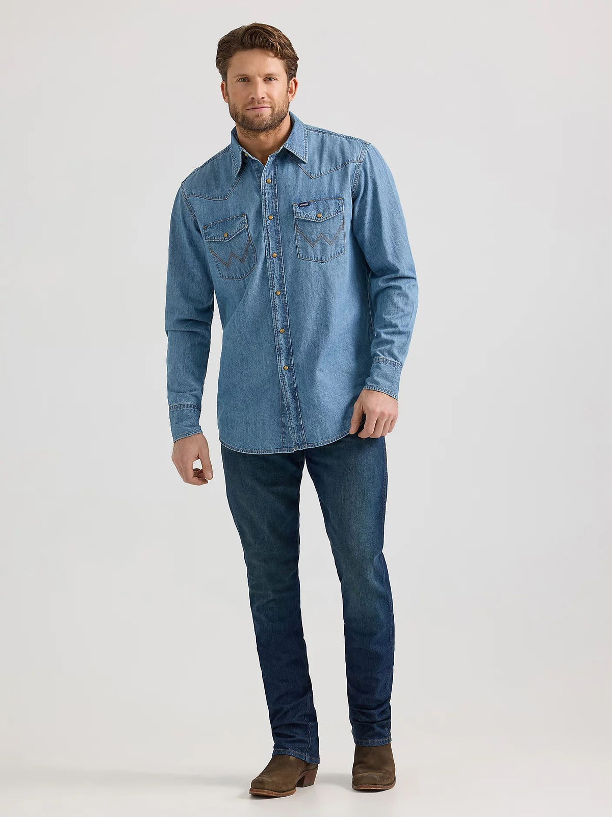 Wrangler Men&#39;s Denim Chest Pocket Snap-Front Long Sleeve Work Shirt - Work World - Workwear, Work Boots, Safety Gear