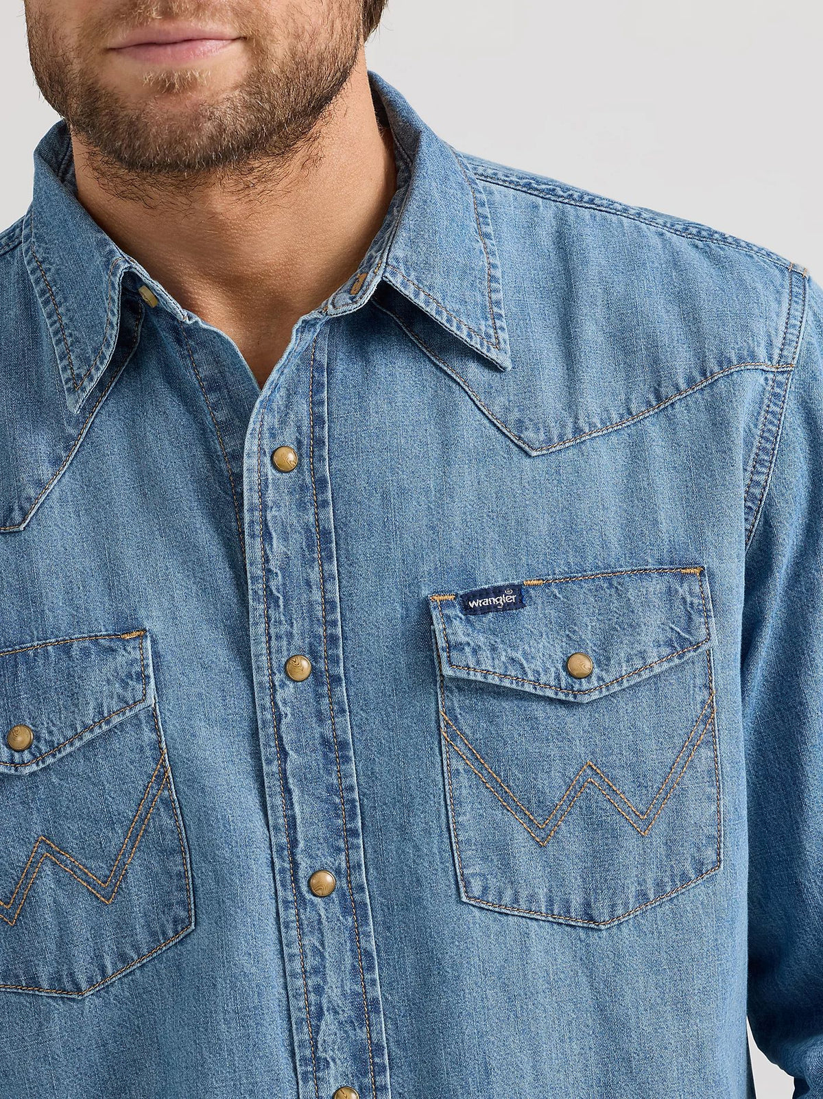 Wrangler Men&#39;s Denim Chest Pocket Snap-Front Long Sleeve Work Shirt - Work World - Workwear, Work Boots, Safety Gear