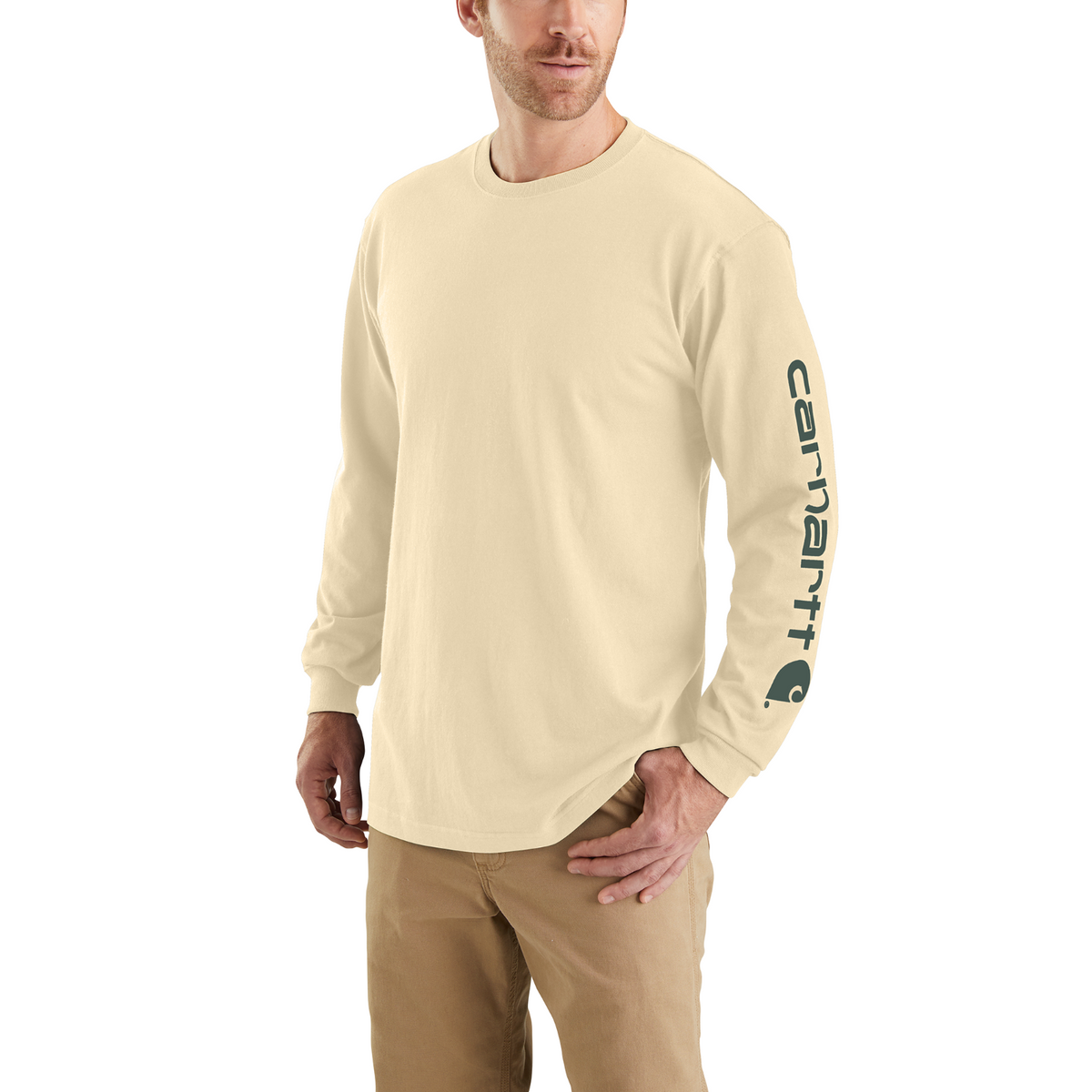 Carhartt Men&#39;s Signature Logo Long Sleeve T-Shirt_Oat Milk - Work World - Workwear, Work Boots, Safety Gear