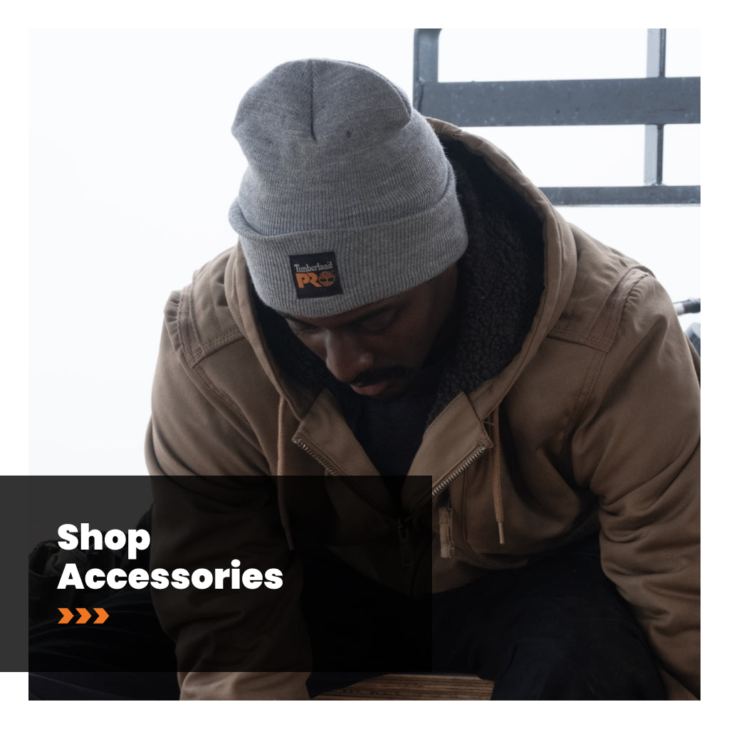Person wearing a gray beanie and brown jacket with text 'Shop Accessories' at the bottom.